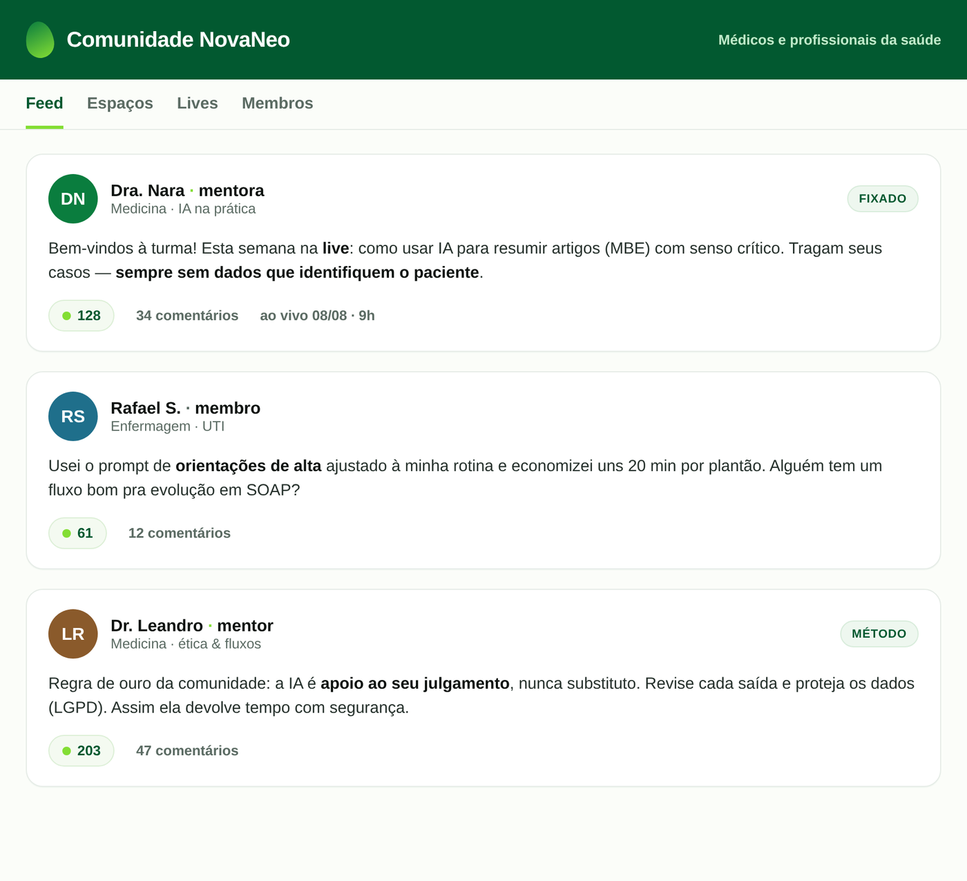 Feed e espaços da comunidade NovaNeo